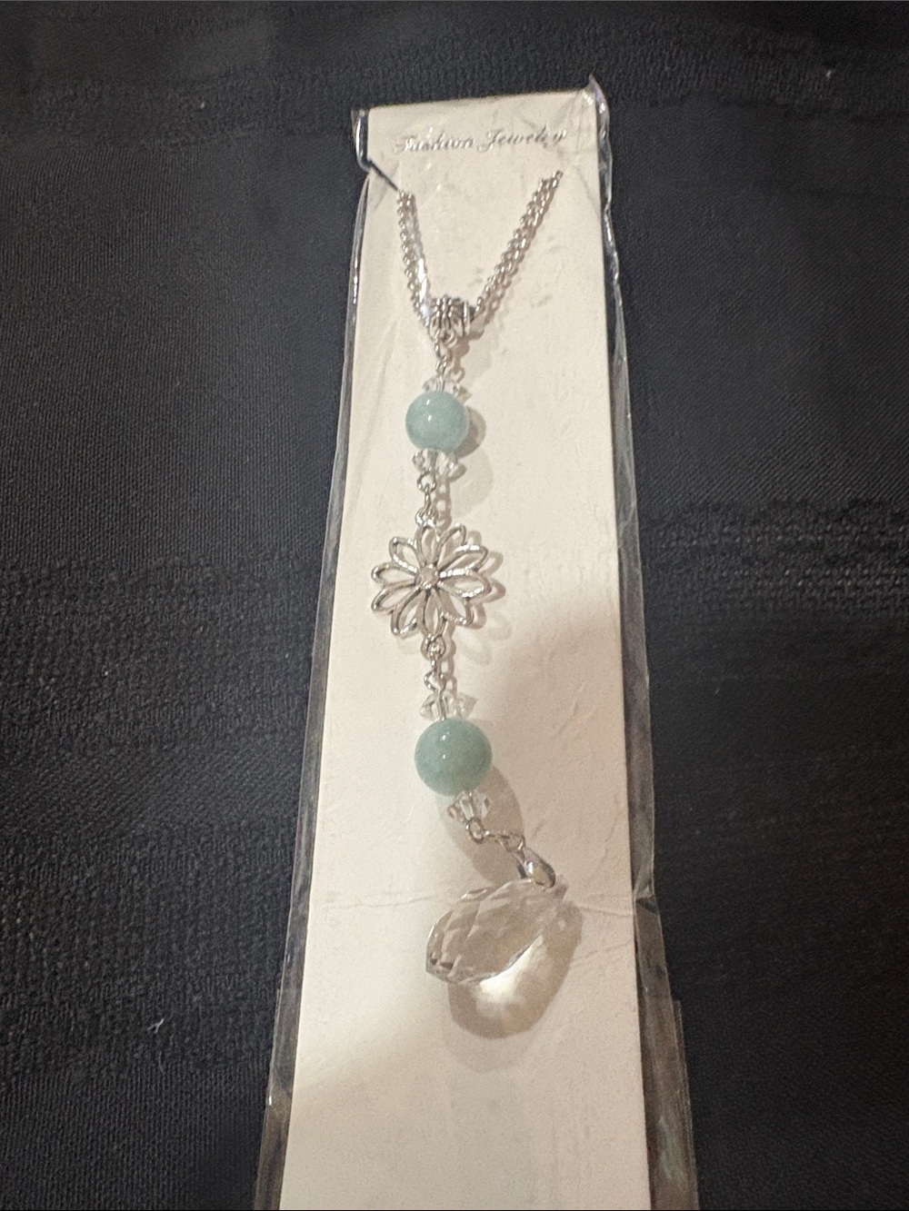 Fashion Jewelry Silver-Tone Necklace with Mint Green Beads & Crystal Drop
